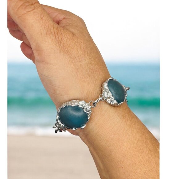 Artisan Crafted Sea Glass Cabochons Bracelet & Faceted Crystal Accent 9.5" - Picture 10 of 12